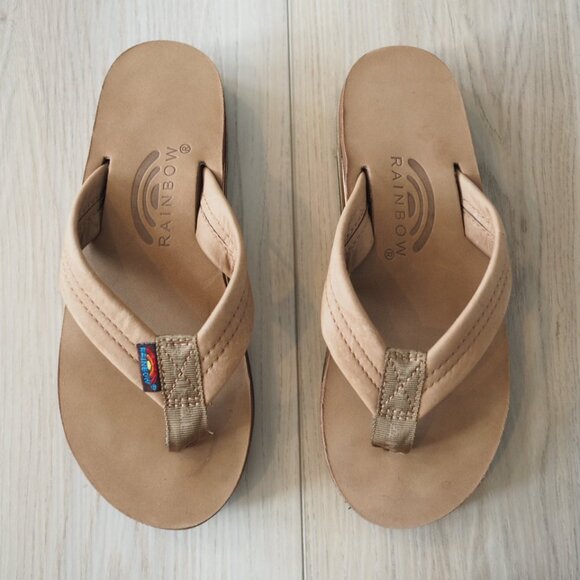 Rainbow Tan Flip Flops Double Layer Premier Leather Arch Support Sz W 5.5-6.5 - Picture 2 of 15
